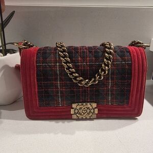 Chanel Boy flap bag in red velvet and tartan plaid tweed